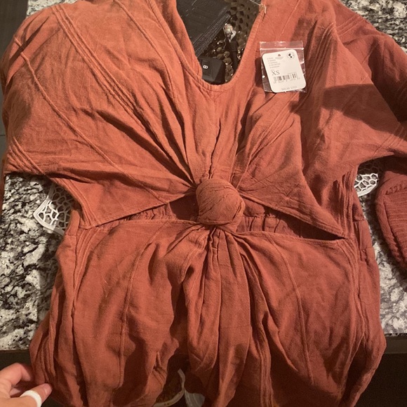 Free people brown cut out romper mid sleeves with pockets. - Picture 7 of 7